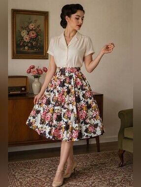 Modcloth Skirt Floral Pink Thick Cotton Fully Lined Size Large